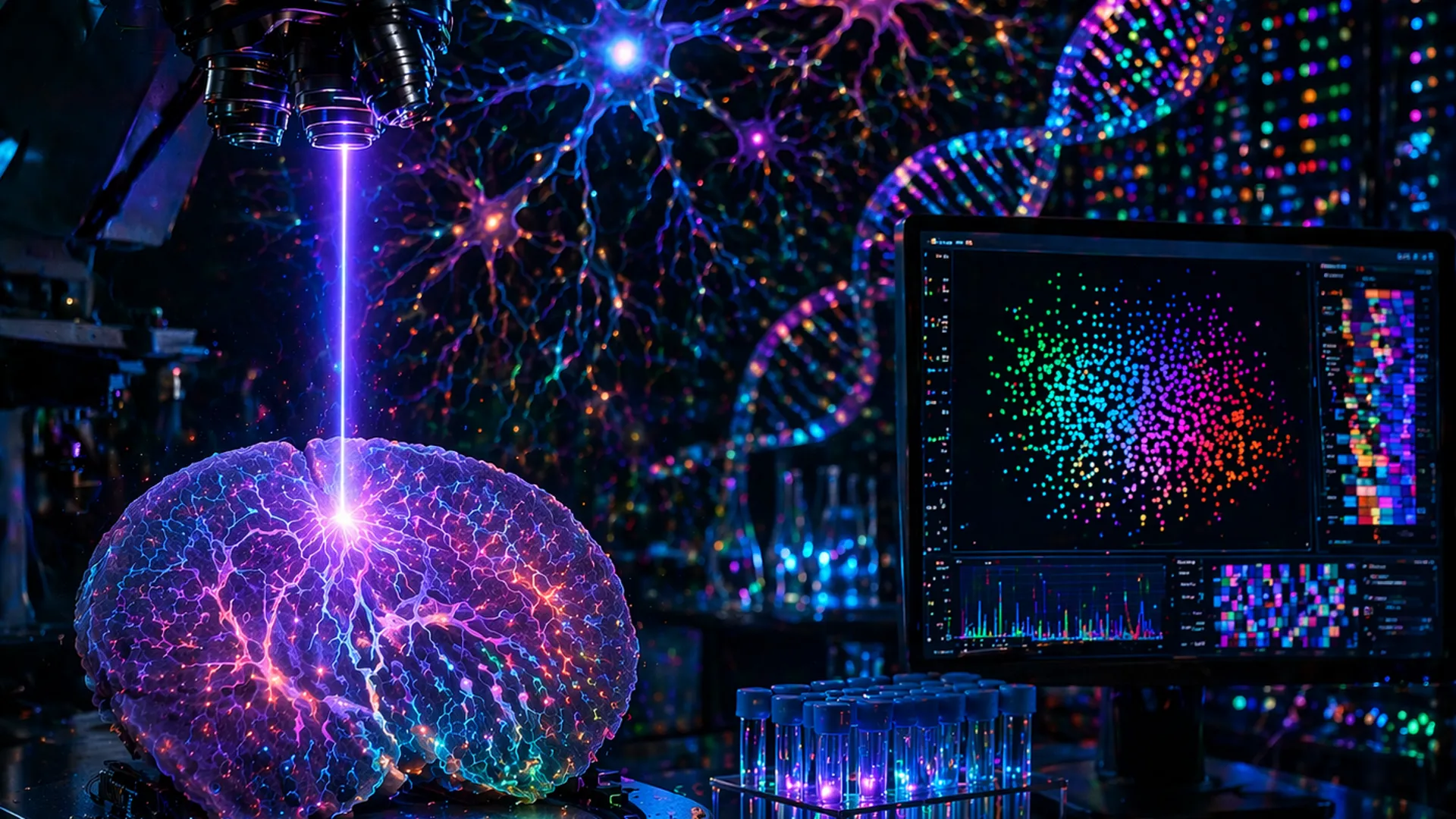 Colorful image of a brain in a lab with a laser hitting it from above. 