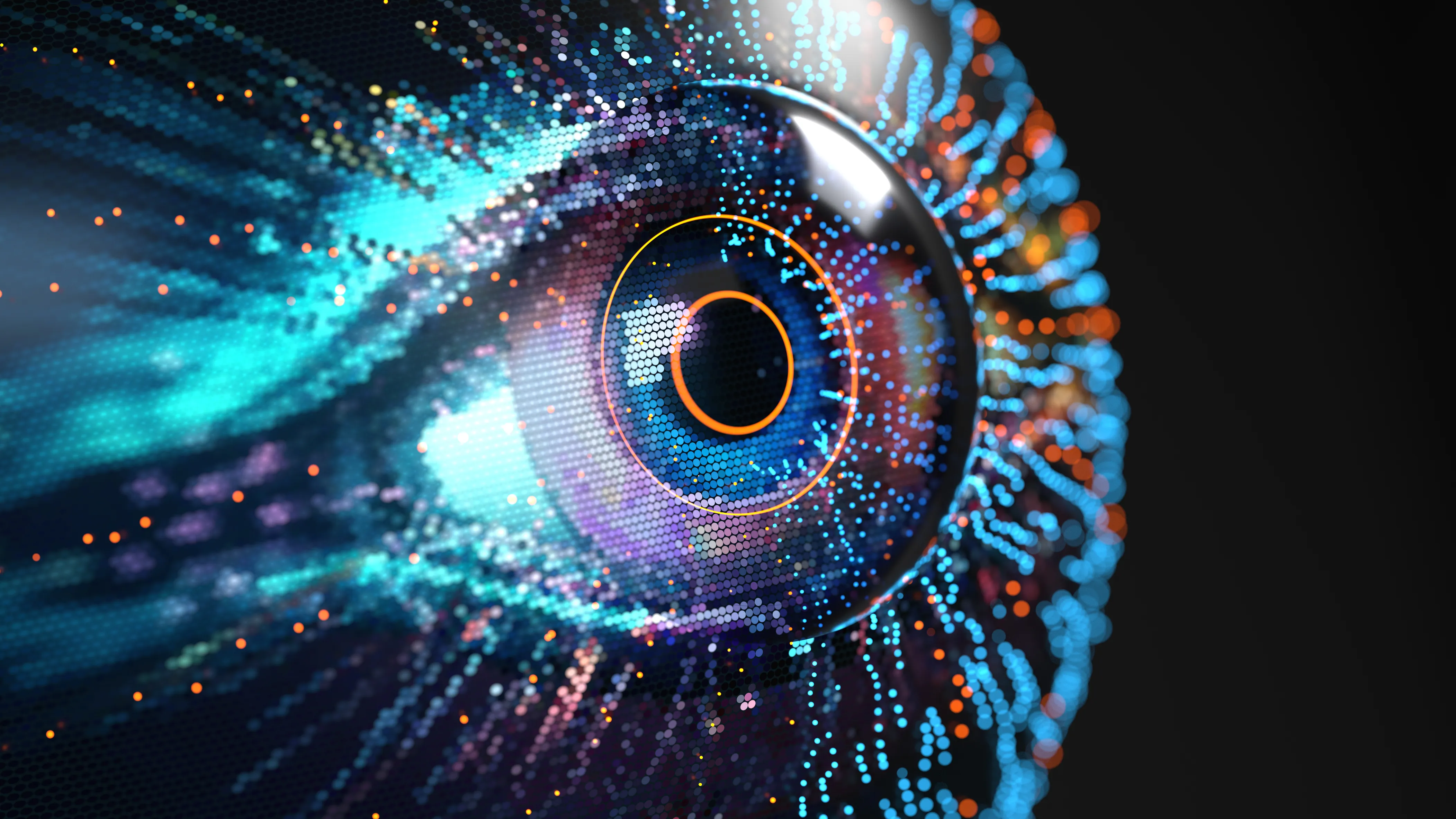 A futuristic 3D digital illustration of a human eye composed of glowing particles and data streams. The iris and pupil are defined by vibrant blue, cyan, and orange light points on a dark, mesh-like background, conveying concepts of artificial intelligence, biotechnology, or vision research.